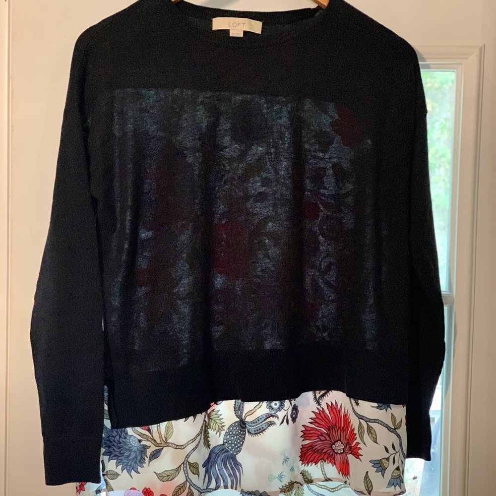 LOFT- Womens size Small, black long sleeved top with built in floral undershirt